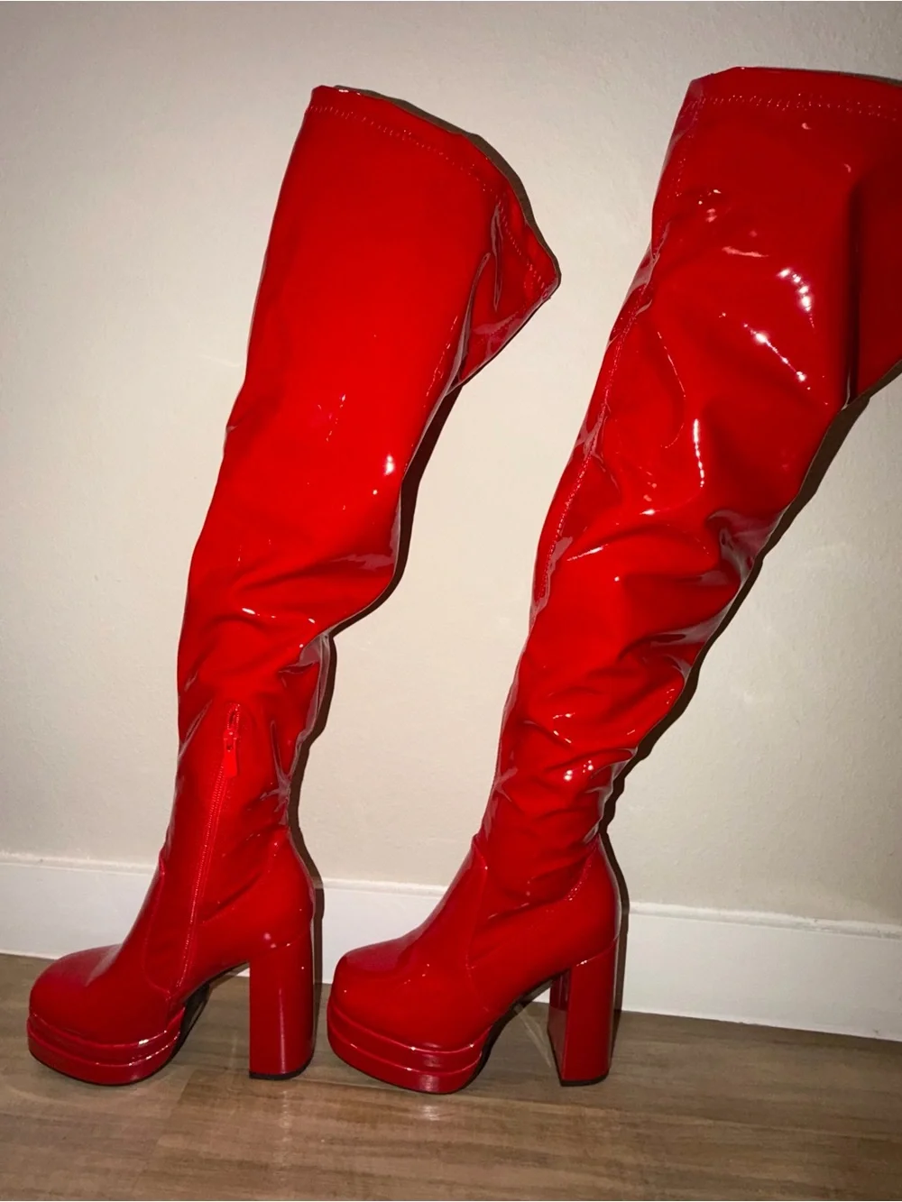 Red Leather Over-the-Knee Platform Boots - Women